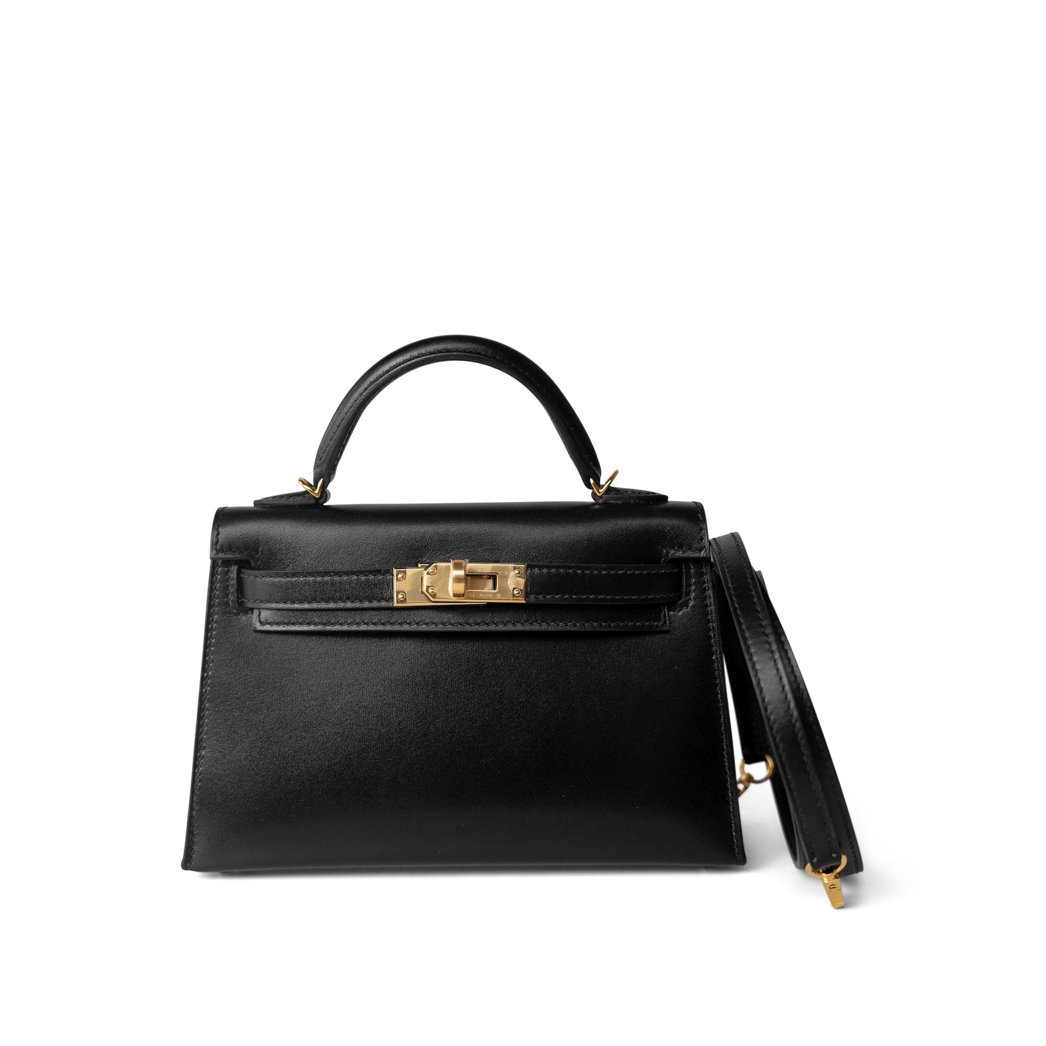 Hermes Handbag Black Mini Kelly Sellier Noir Box Calfskin Gold Plated Z Stamp - Redeluxe