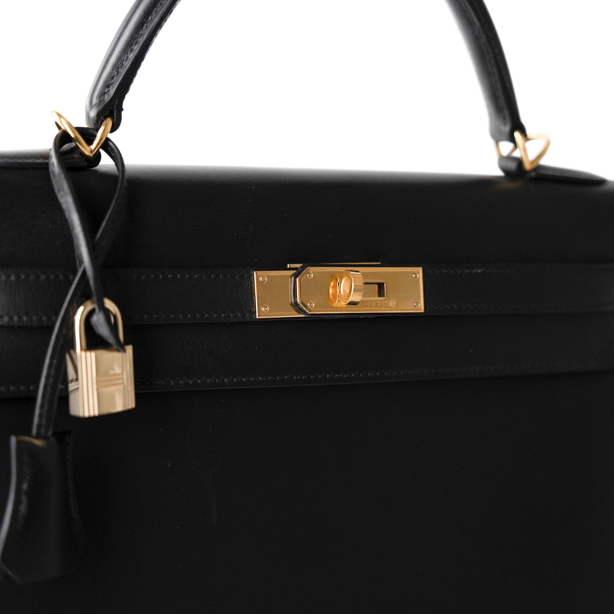 Hermes Handbag Black Vintage Kelly Retourne 28 Black Box Calfskin Gold Plated ￼C Square Stamp - Redeluxe