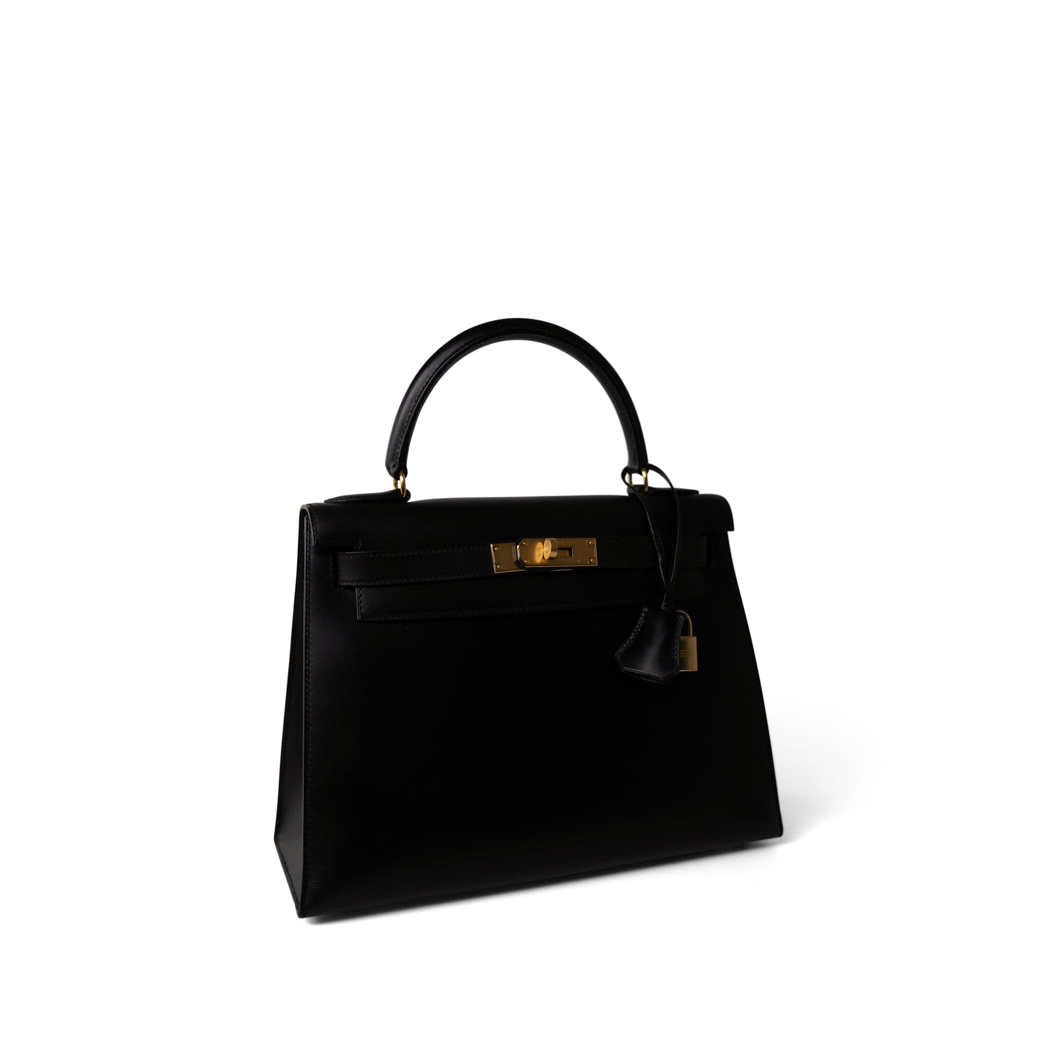 Vintage Kelly Sellier 28 Black Box Calfskin Gold Plated Y Circle