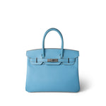 Hermes Handbag Blue Birkin 30 Bleu Celeste Epsom Palladium Plated O Square Stamp - Redeluxe
