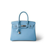 Hermes Handbag Blue Birkin 30 Bleu Celeste Epsom Palladium Plated O Square Stamp - Redeluxe