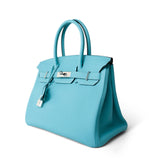 Hermes Handbag Blue Birkin 30 Blue Atoll Togo Palladium Plated T Stamp - Redeluxe