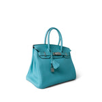 Hermes Handbag Blue Birkin 30 Blue Atoll Togo Palladium Plated T Stamp - Redeluxe