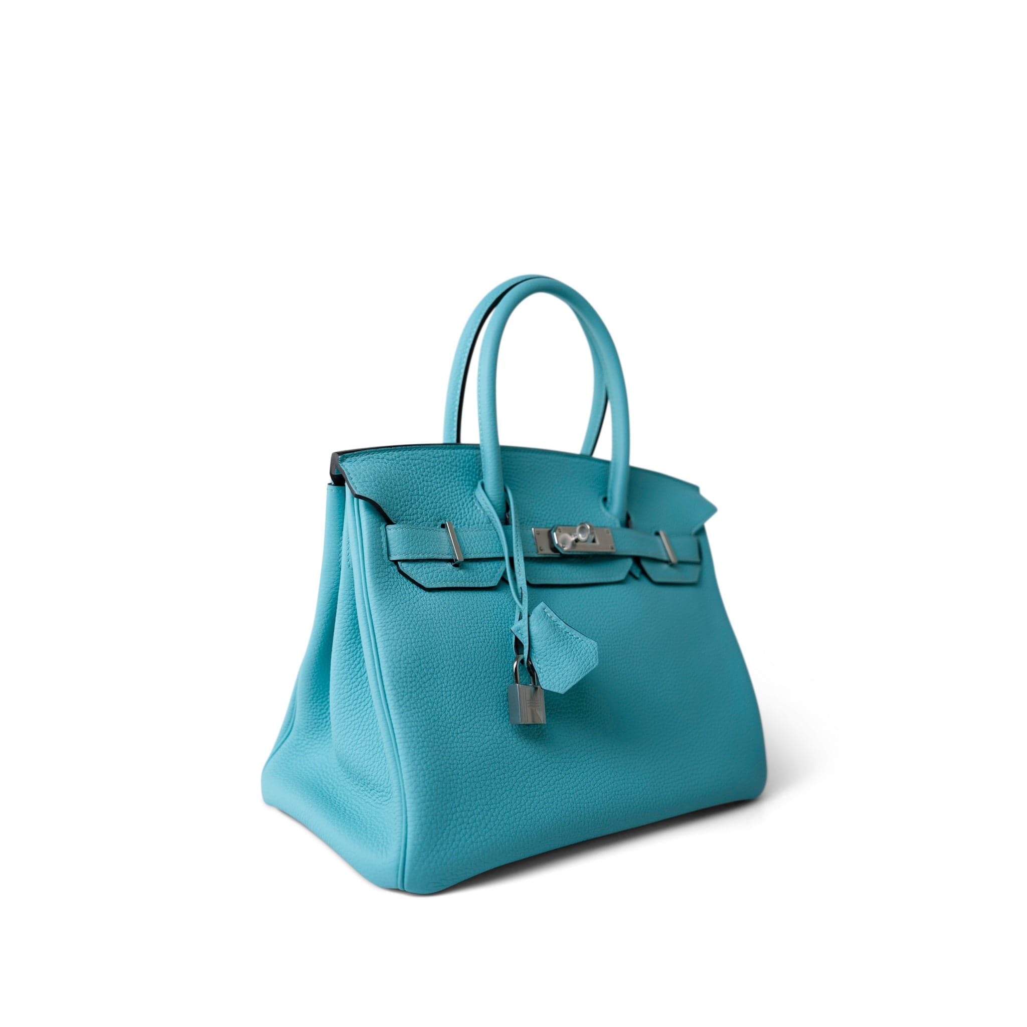 Hermes Handbag Blue Birkin 30 Blue Atoll Togo Palladium Plated T Stamp - Redeluxe