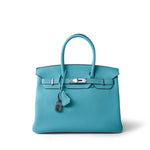 Hermes Handbag Blue Birkin 30 Blue Atoll Togo Palladium Plated T Stamp - Redeluxe