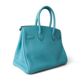 Hermes Handbag Blue Birkin 30 Blue Atoll Togo Palladium Plated T Stamp - Redeluxe