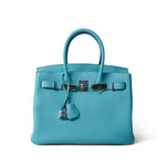 Hermes Handbag Blue Birkin 30 Blue Atoll Togo Palladium Plated T Stamp - Redeluxe