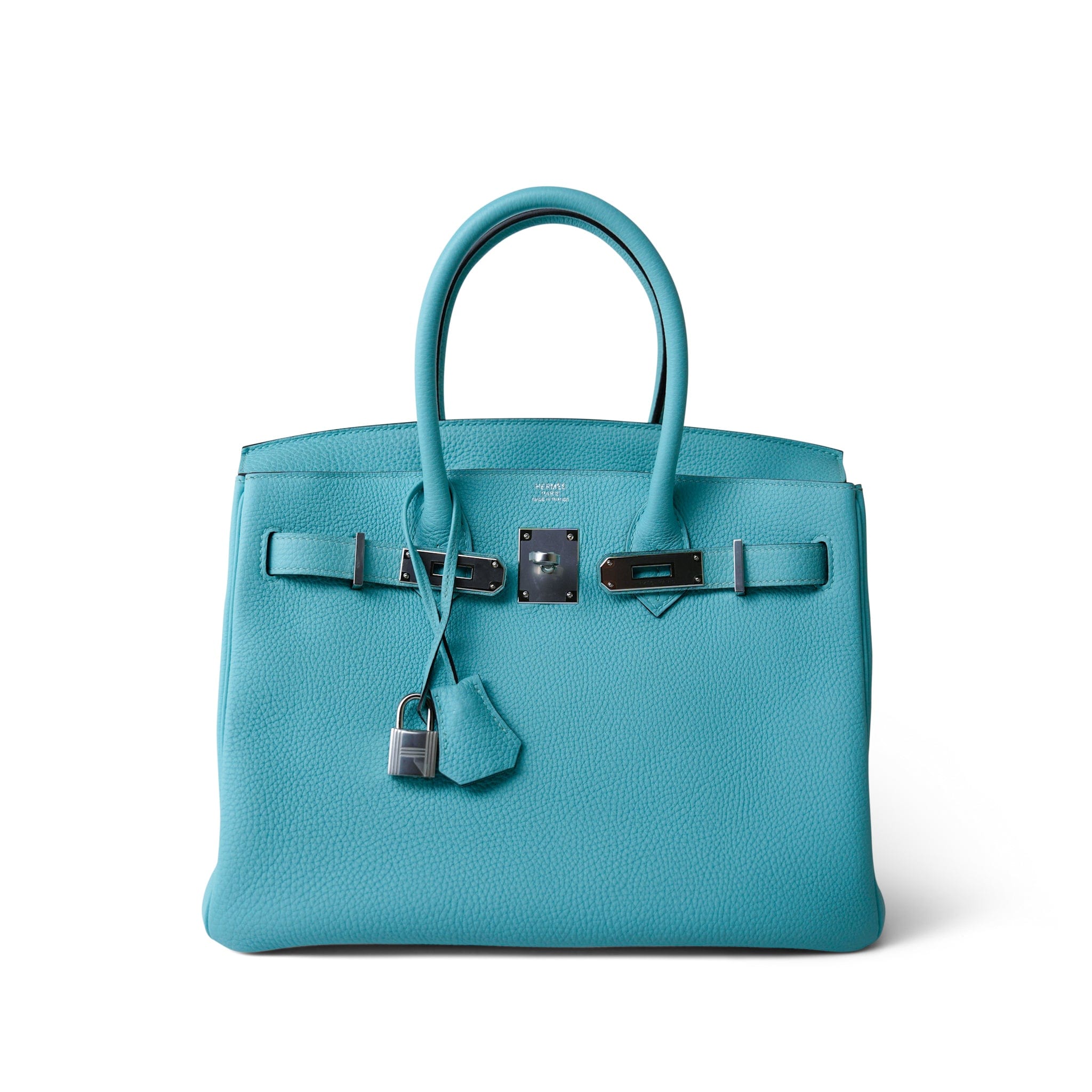 Hermes Handbag Blue Birkin 30 Blue Atoll Togo Palladium Plated T Stamp - Redeluxe