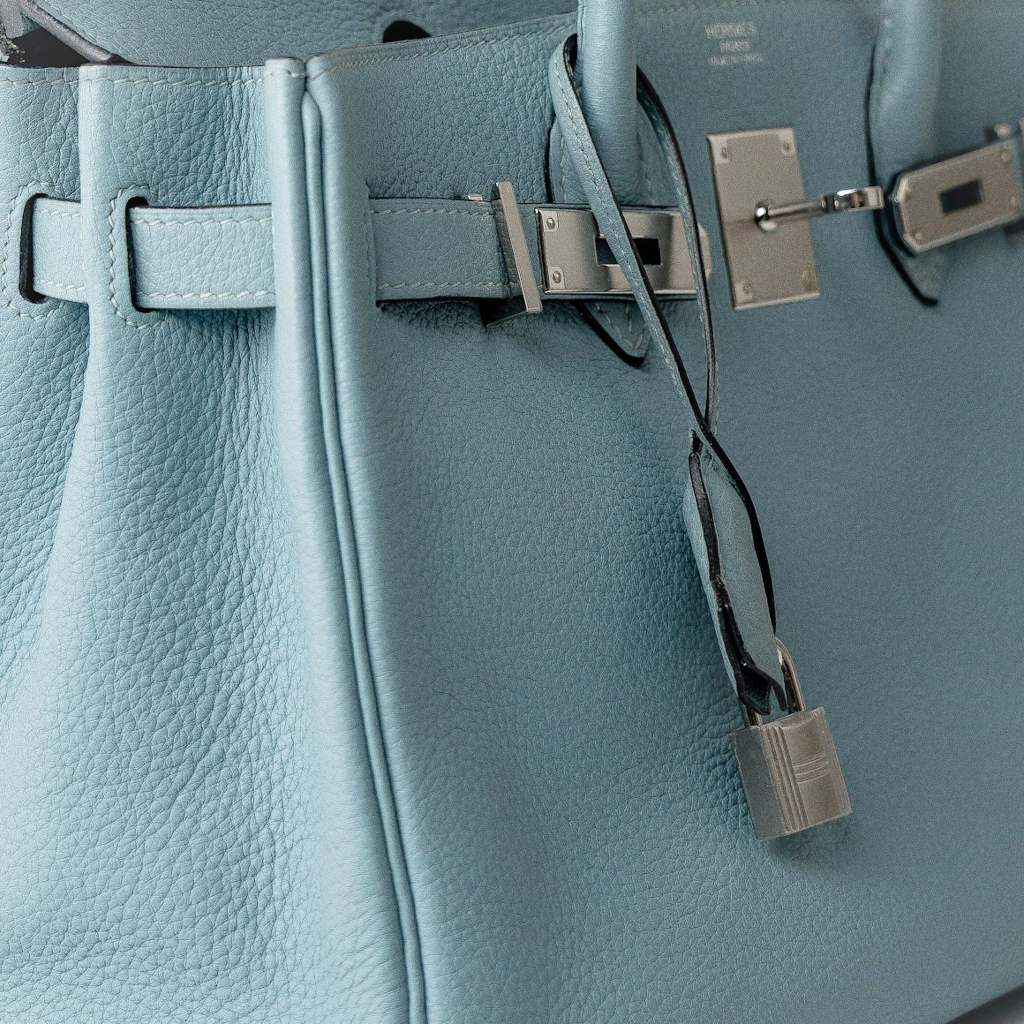 Hermes Handbag Blue Birkin 30 Blue Ciel Clemence Palladium Plated M Square Stamp - Redeluxe