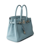 Hermes Handbag Blue Birkin 30 Blue Ciel Clemence Palladium Plated M Square Stamp - Redeluxe