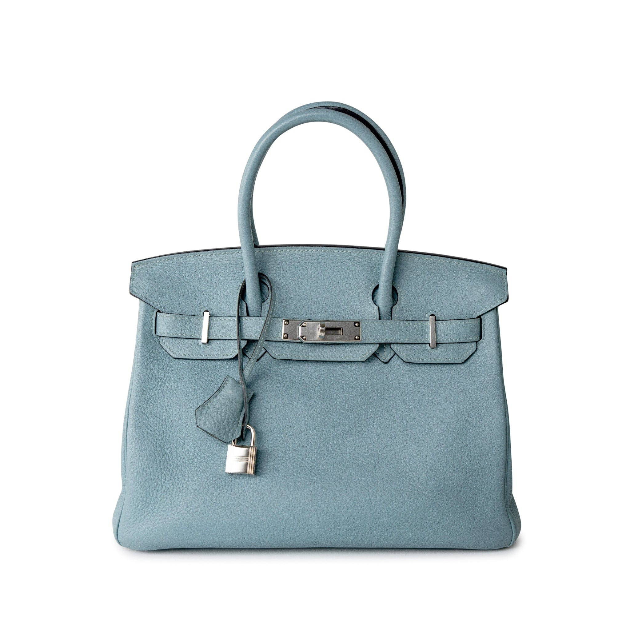 Hermes Handbag Blue Birkin 30 Blue Ciel Clemence Palladium Plated M Square Stamp - Redeluxe