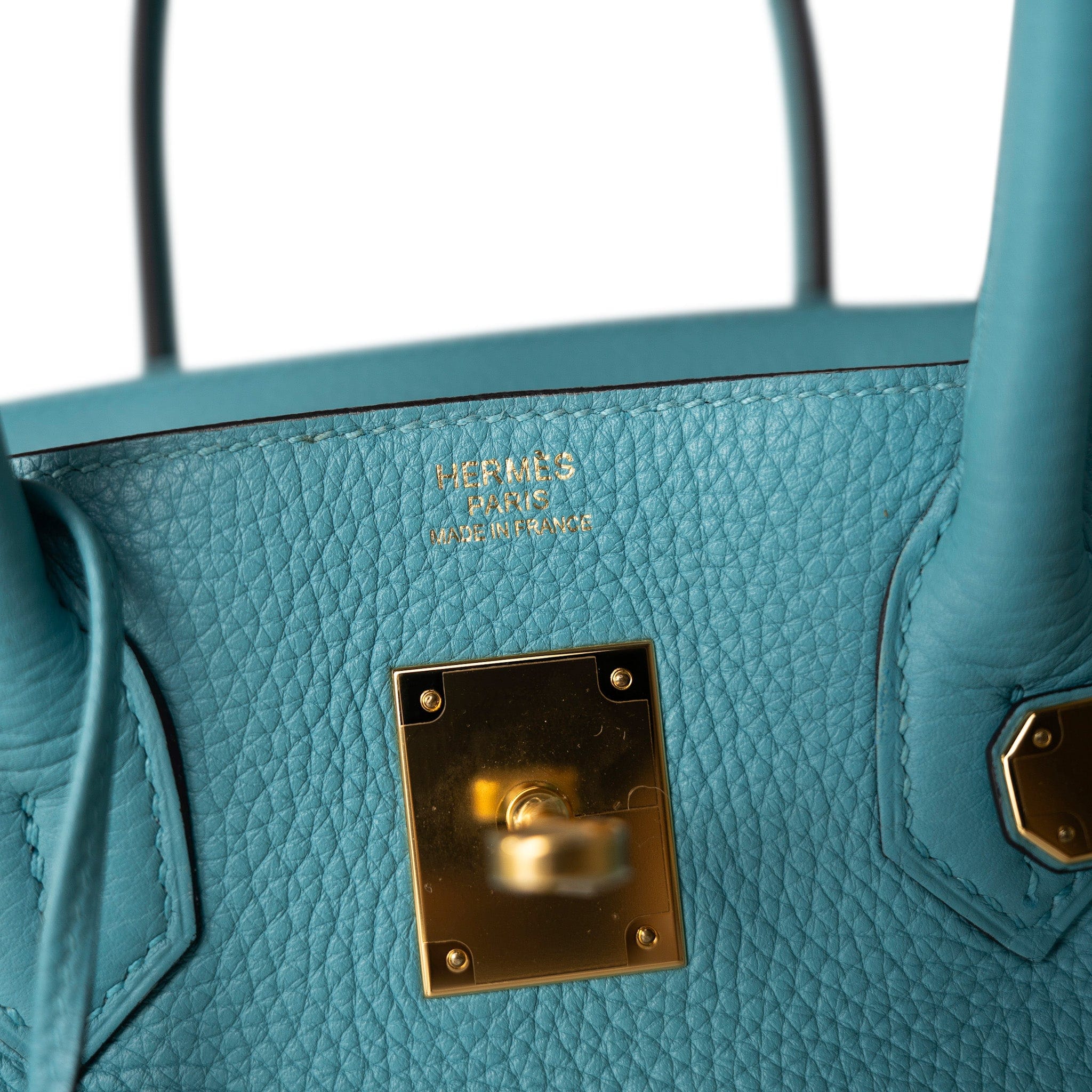 Hermes Handbag Blue Birkin 30 Veau Togo Blue Atoll Gold Plated T Stamp - Redeluxe