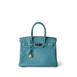Hermes Handbag Blue Birkin 30 Veau Togo Blue Atoll Gold Plated T Stamp - Redeluxe