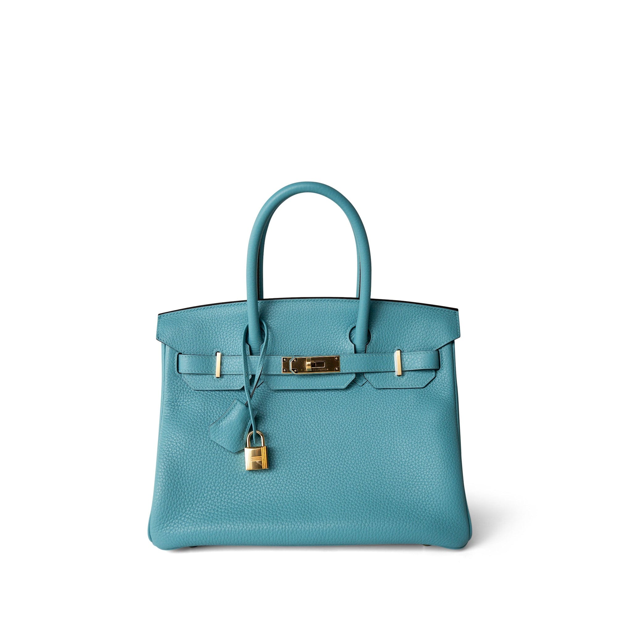 Hermes Handbag Blue Birkin 30 Veau Togo Blue Atoll Gold Plated T Stamp - Redeluxe