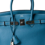 Hermes Handbag Blue Birkin 35 Bleu Jean Togo Palladium Plated H Square Stamp - Redeluxe