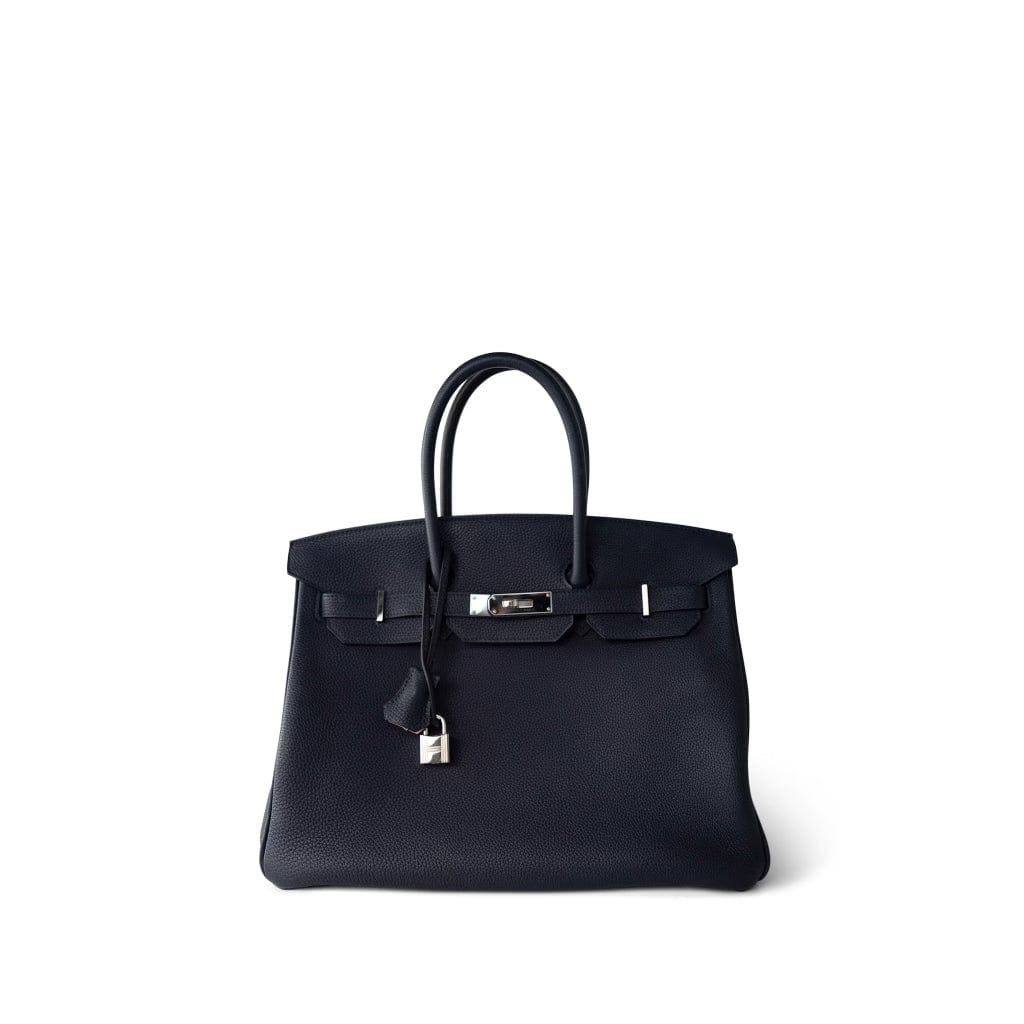 Hermes Handbag Blue Birkin 35 Bleu Nuit Orange Poppy Veau Togo Leather Palladium Plated 2017 A - Redeluxe
