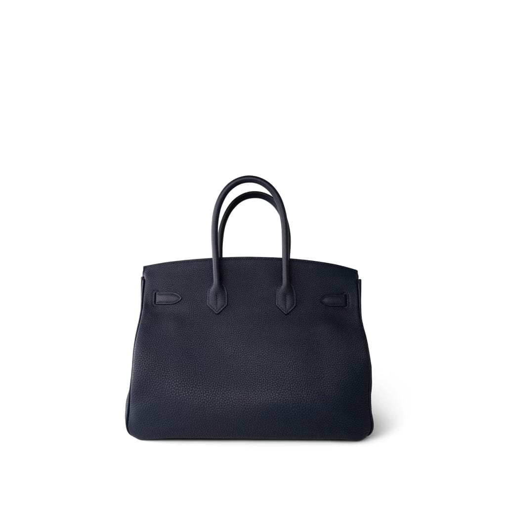 Hermes Handbag Blue Birkin 35 Bleu Nuit Orange Poppy Veau Togo Leather Palladium Plated 2017 A - Redeluxe