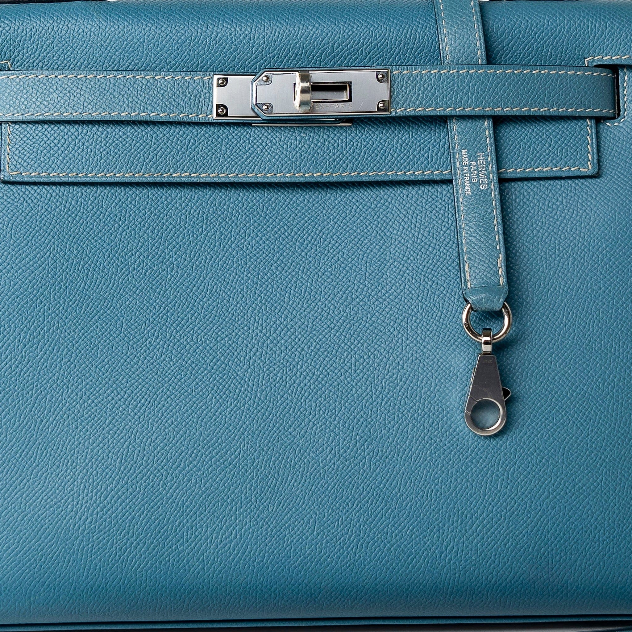 Hermes Handbag Blue Kelly 28 Sellier Blue Jean Veau Epsom Leather Palladium Hardware M Square Stamp - Redeluxe