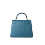 Hermes Handbag Blue Kelly 28 Sellier Blue Jean Veau Epsom Leather Palladium Hardware M Square Stamp - Redeluxe