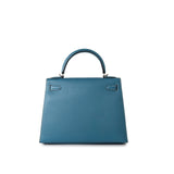 Hermes Handbag Blue Kelly 28 Sellier Blue Jean Veau Epsom Leather Palladium Hardware M Square Stamp - Redeluxe