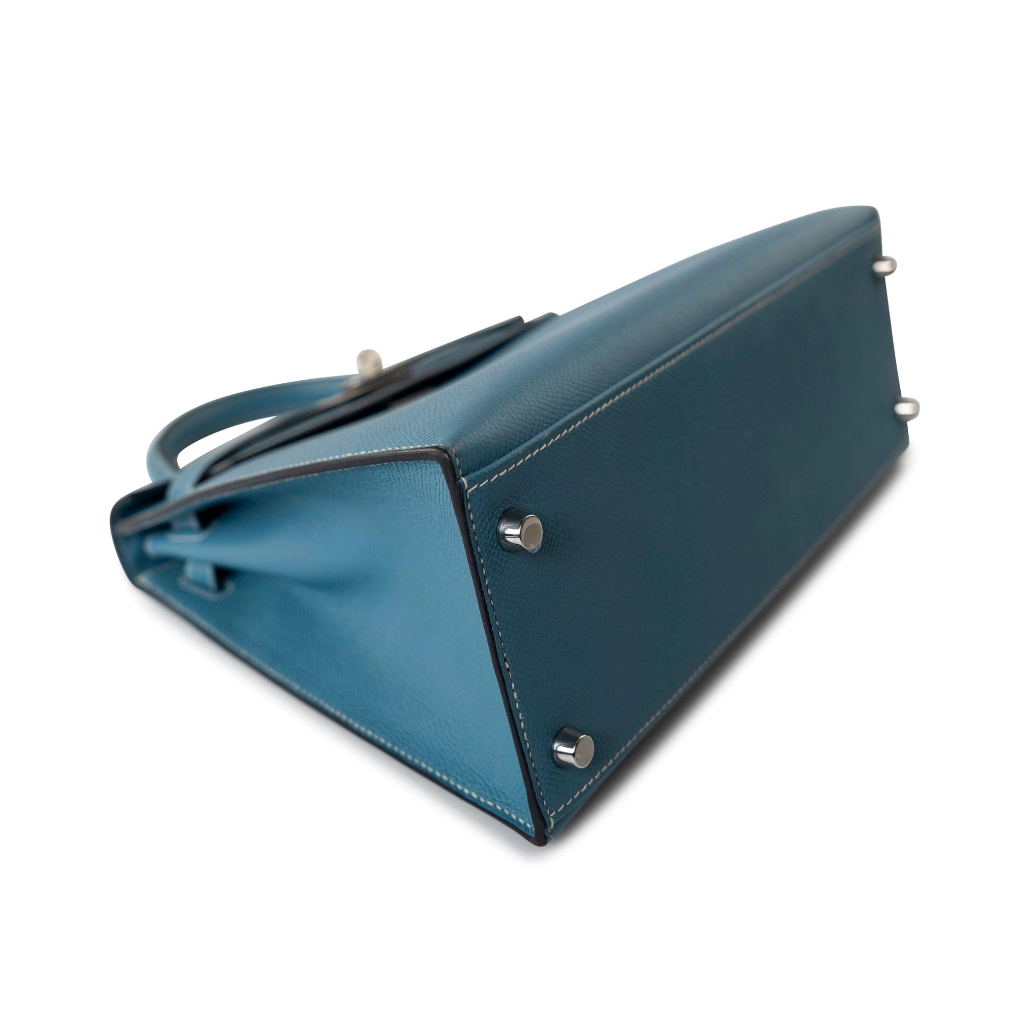 Hermes Handbag Blue Kelly 28 Sellier Blue Jean Veau Epsom Leather Palladium Hardware M Square Stamp - Redeluxe