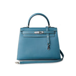 Hermes Handbag Blue Kelly 28 Sellier Blue Jean Veau Epsom Leather Palladium Hardware M Square Stamp - Redeluxe