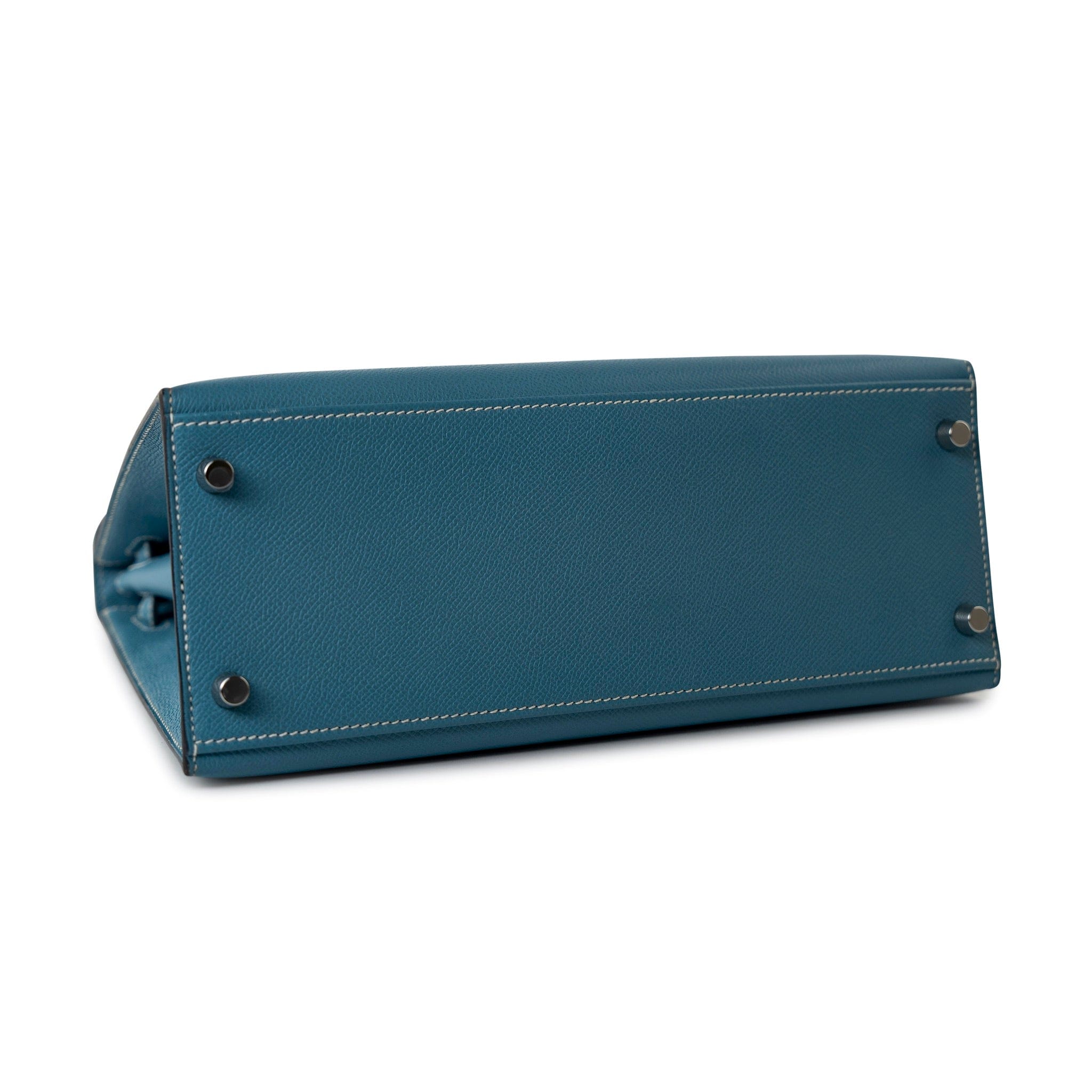 Hermes Handbag Blue Kelly 28 Sellier Blue Jean Veau Epsom Leather Palladium Hardware M Square Stamp - Redeluxe