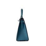 Hermes Handbag Blue Kelly 28 Sellier Blue Jean Veau Epsom Leather Palladium Hardware M Square Stamp - Redeluxe