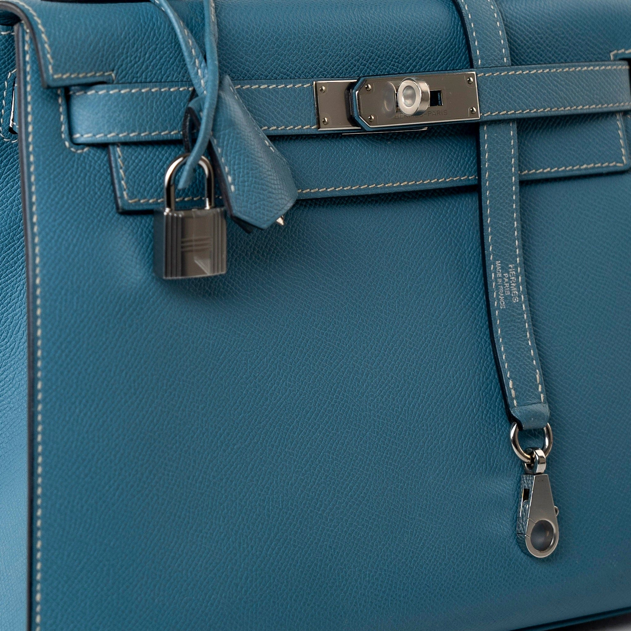 Hermes Handbag Blue Kelly 28 Sellier Blue Jean Veau Epsom Leather Palladium Hardware M Square Stamp - Redeluxe