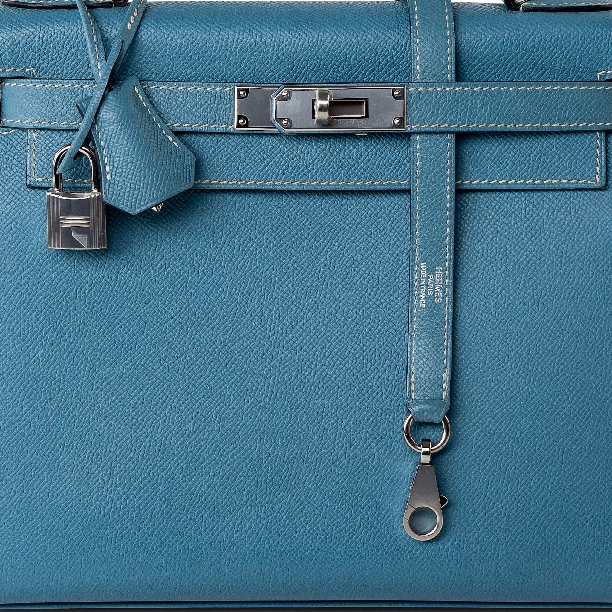 Hermes Handbag Blue Kelly 28 Sellier Blue Jean Veau Epsom Leather Palladium Hardware M Square Stamp - Redeluxe