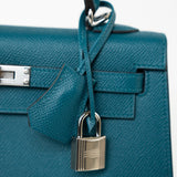 Hermes Handbag Blue Kelly Sellier 25 Vert Bosphore Veau Epsom Palladium Plated Hardware D Stamp - Redeluxe