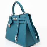 Hermes Handbag Blue Kelly Sellier 25 Vert Bosphore Veau Epsom Palladium Plated Hardware D Stamp - Redeluxe
