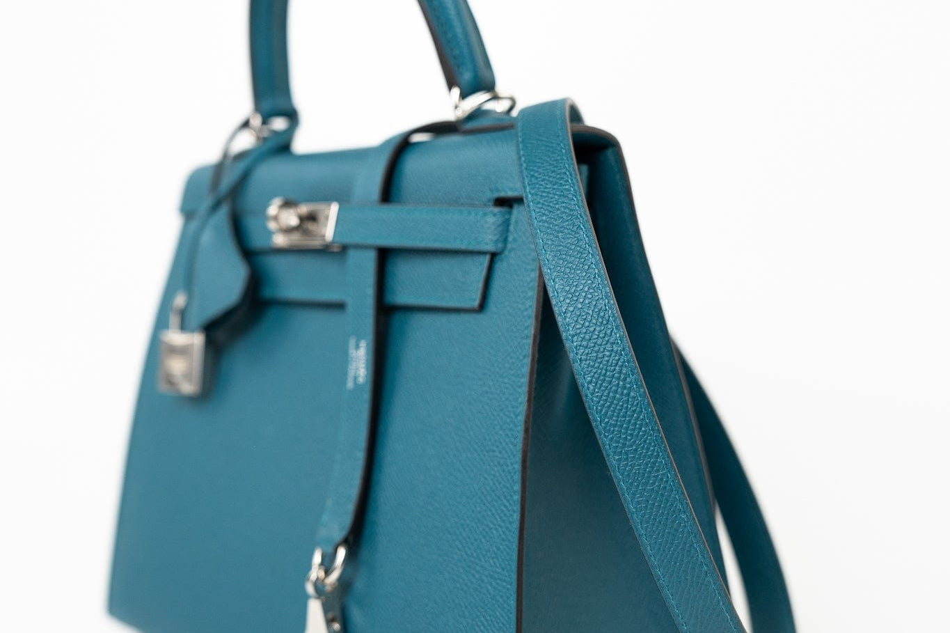 Hermes Handbag Blue Kelly Sellier 25 Vert Bosphore Veau Epsom Palladium Plated Hardware D Stamp - Redeluxe