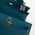 Hermes Handbag Blue Kelly Sellier 25 Vert Bosphore Veau Epsom Palladium Plated Hardware D Stamp - Redeluxe