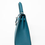 Hermes Handbag Blue Kelly Sellier 25 Vert Bosphore Veau Epsom Palladium Plated Hardware D Stamp - Redeluxe