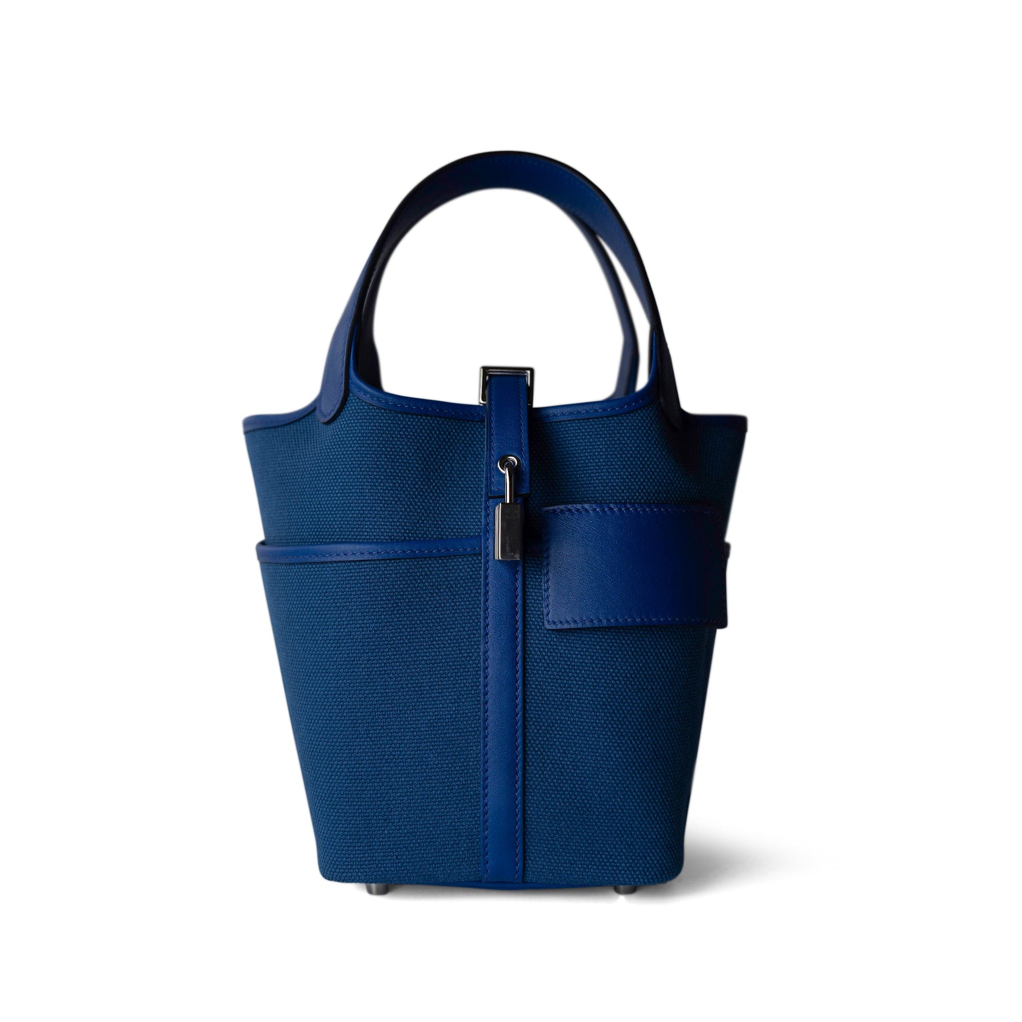 Hermes Handbag Blue Picotin Lock 18 Bleu Royal Swift and Bleu Egee Toile Geoland Cargo Palladium Hardware - Redeluxe