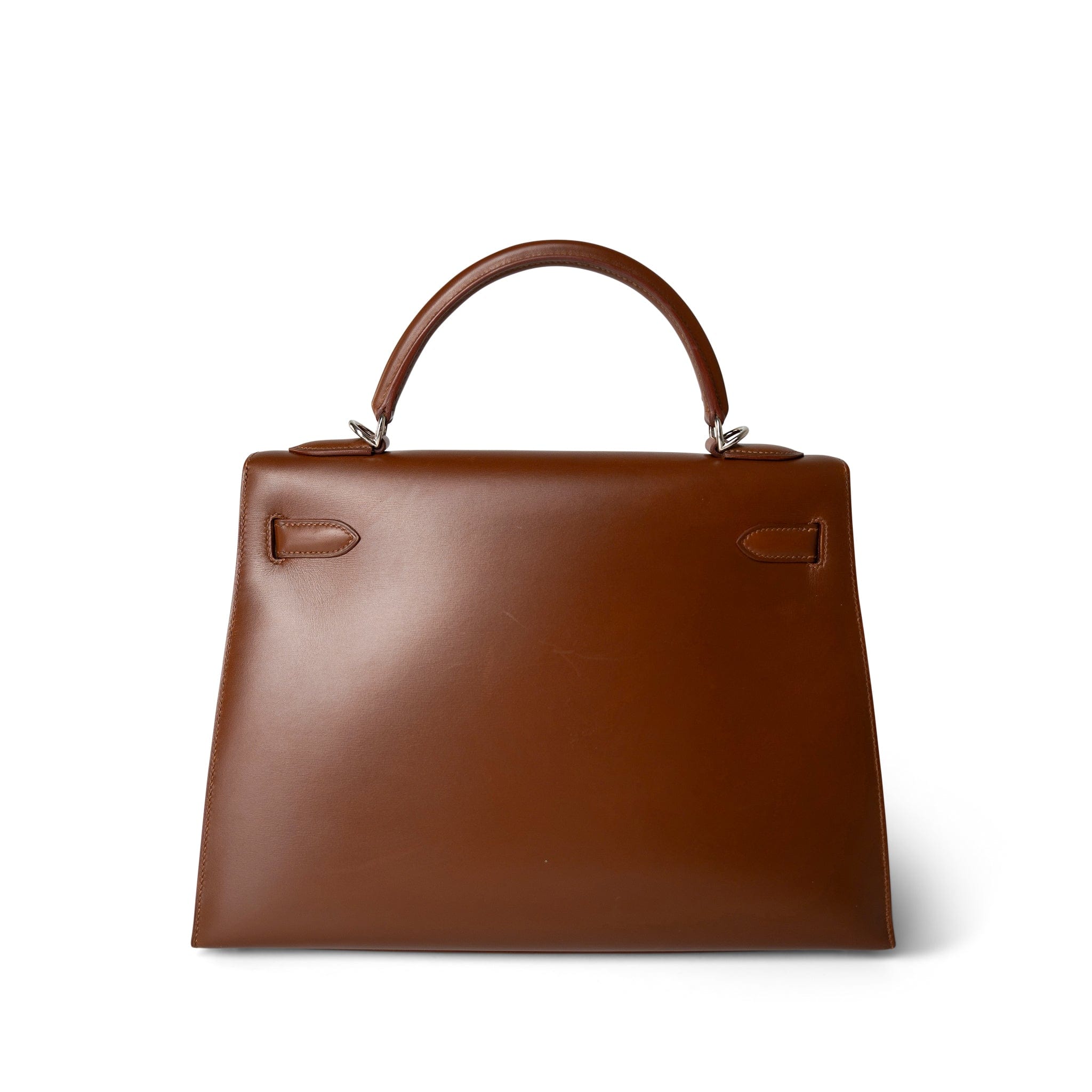 Hermes Handbag Brown Kelly Sellier 32 Noisette Box Calfskin Palladium Plated ￼[E] Stamp - Redeluxe