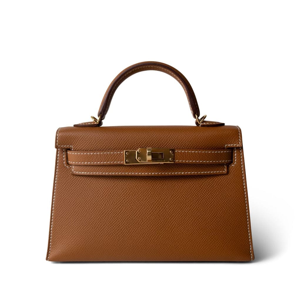 Hermes Handbag Brown Mini Kelly Sellier Gold Veau Epsom Gold Plated Z Stamp - Redeluxe