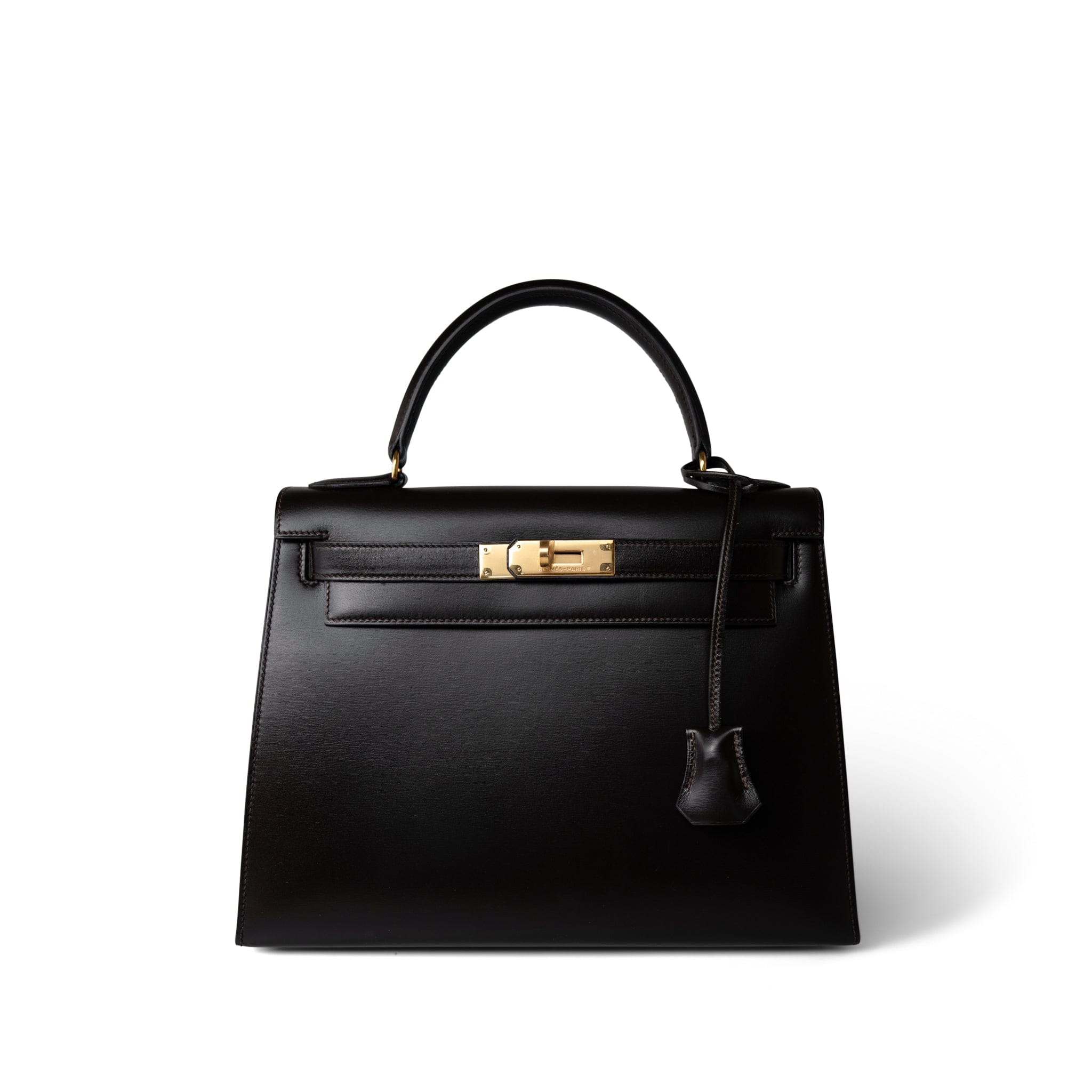 Hermes Handbag Color Kelly 28 Sellier Brown Box Calfskin Gold Plated T Circle Stamp - Redeluxe