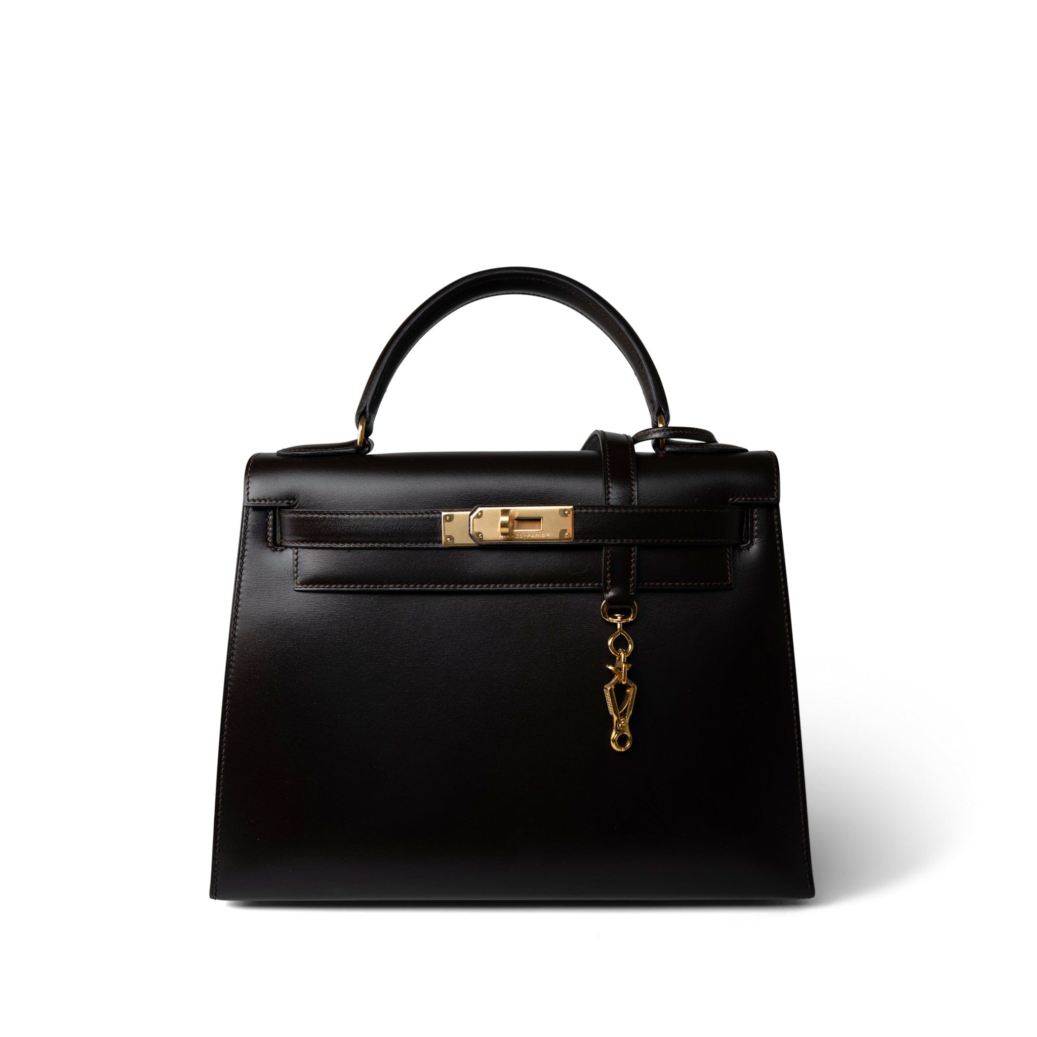 Hermes Handbag Color Kelly 28 Sellier Brown Box Calfskin Gold Plated T Circle Stamp - Redeluxe