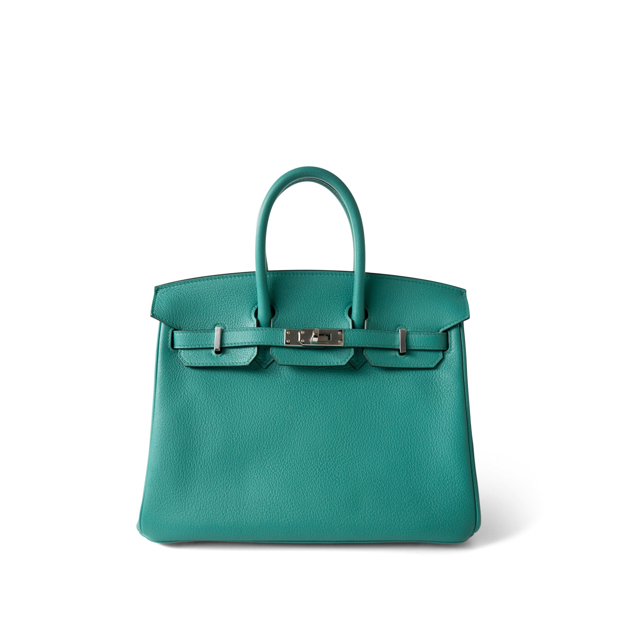 Hermes Handbag Green Birkin 25 Vert Verone / Rose Lipstick Taurillon Novillo Palladium Plated Y Stamp - Redeluxe