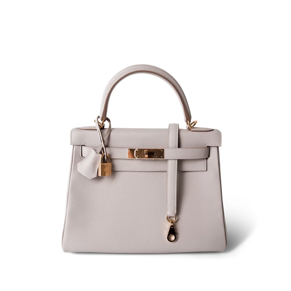 Hermes Handbag Grey Kelly 28 Gris Perle Veau Evercolor Gold Plated D Stamp - Redeluxe