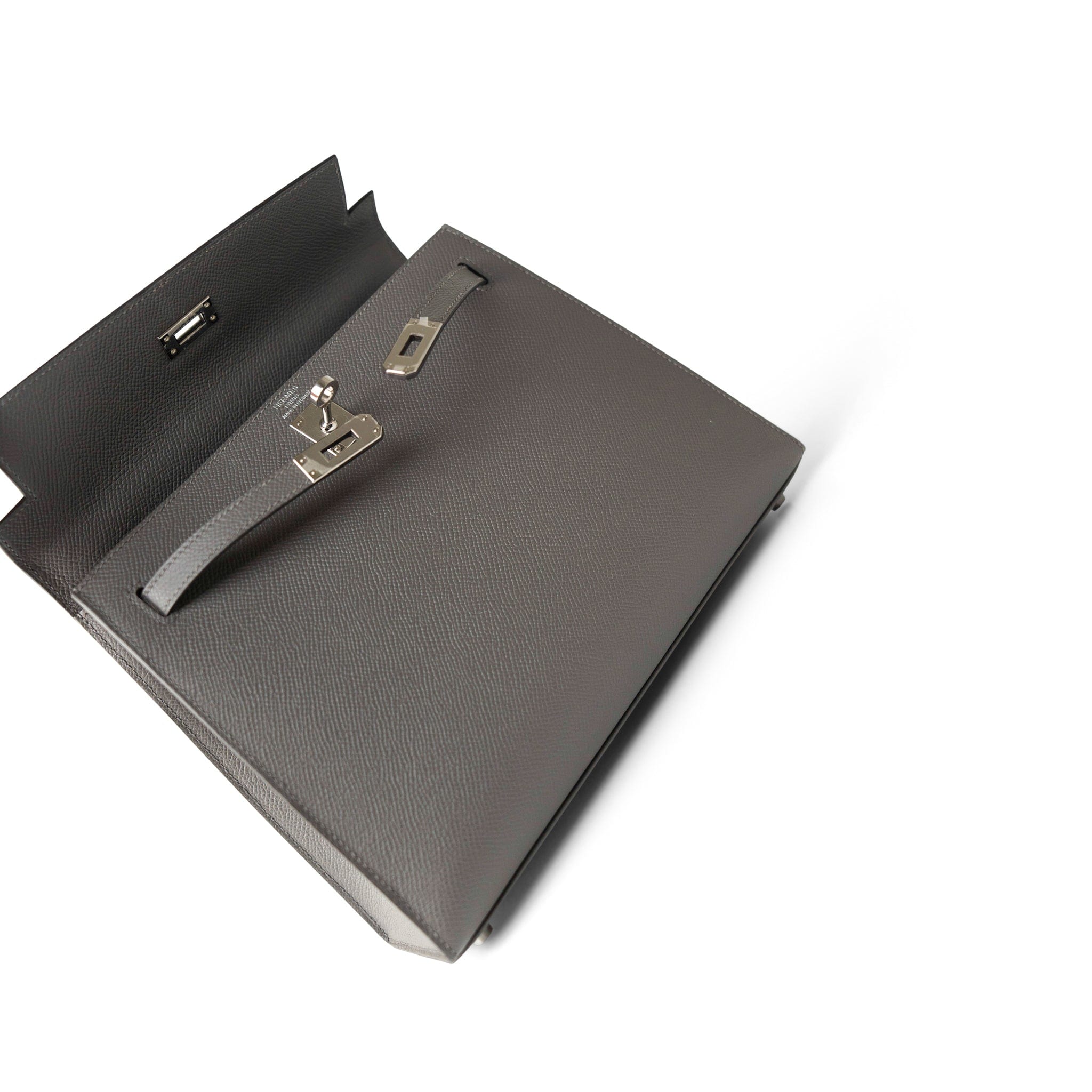 Hermes Handbag Grey Kelly Sellier 25 Gris Meyer Epsom Palladium Plated U Stamp - Redeluxe