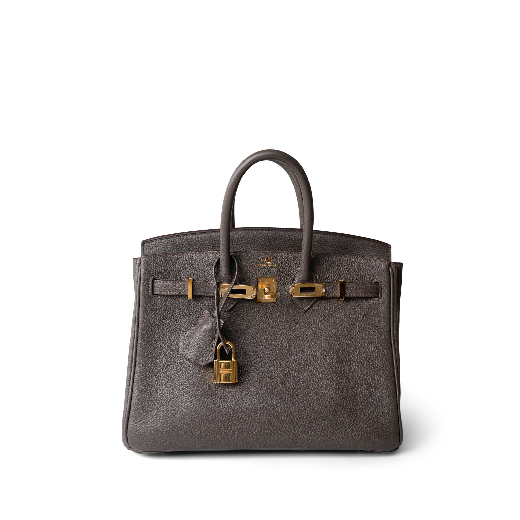 Hermes Handbag Grey (Sold) Birkin 25 Etain Clemence Gold Plated O Square Stamp - Redeluxe