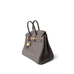 Hermes Handbag Grey (Sold) Birkin 25 Etain Clemence Gold Plated O Square Stamp - Redeluxe