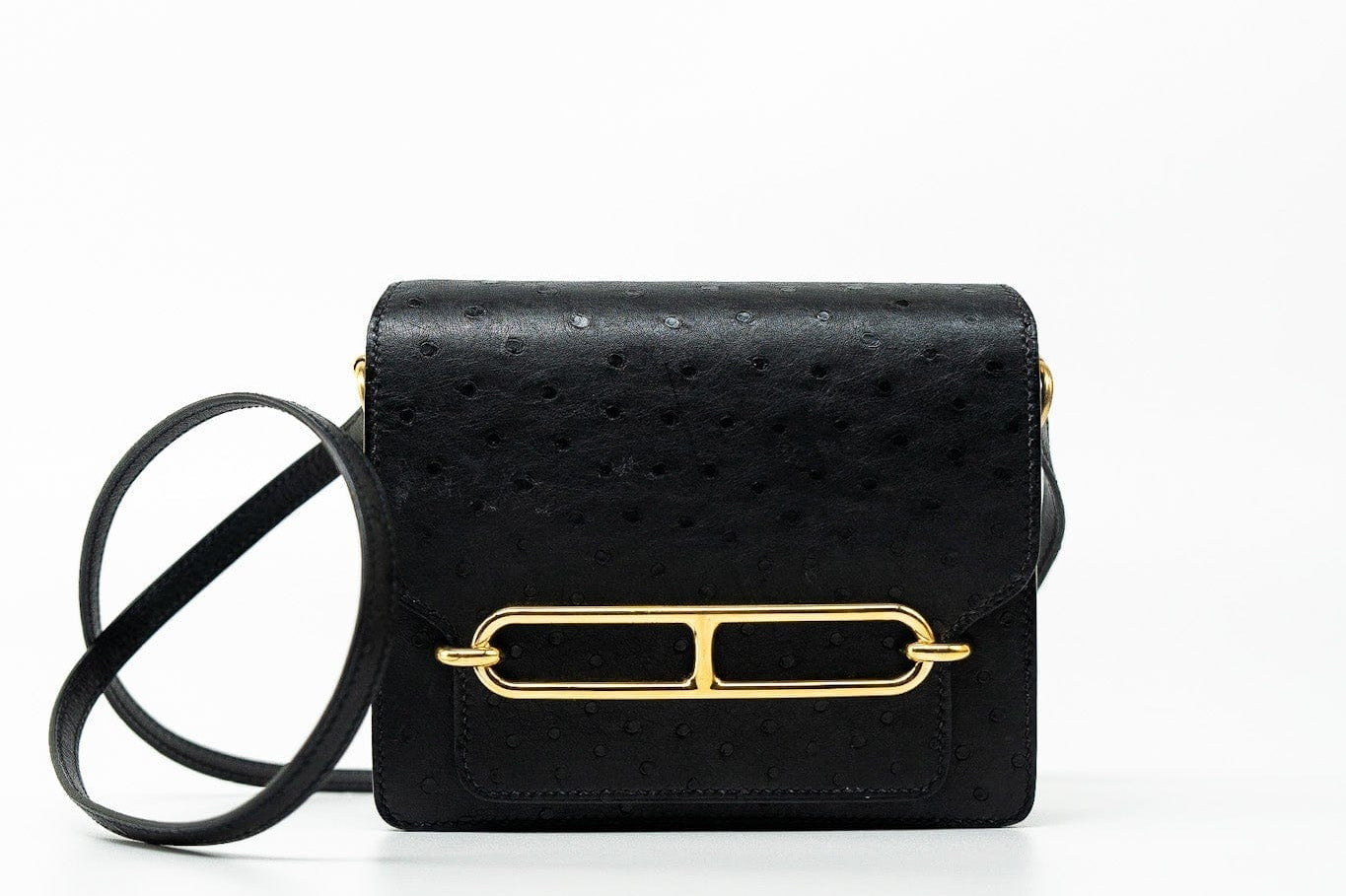 Hermes Handbag Hermès  Mini Roulis Black Ostrich Leather Gold Hardware - Redeluxe