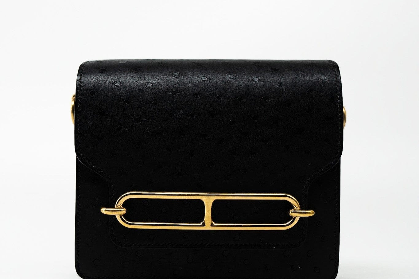 Hermes Handbag Hermès  Mini Roulis Black Ostrich Leather Gold Hardware - Redeluxe