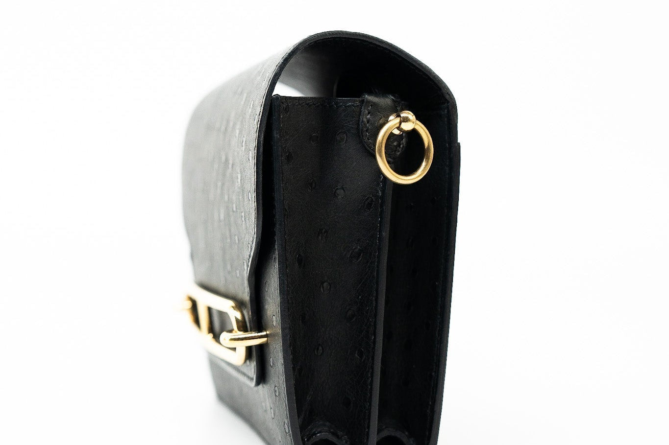 Hermes Handbag Hermès  Mini Roulis Black Ostrich Leather Gold Hardware - Redeluxe