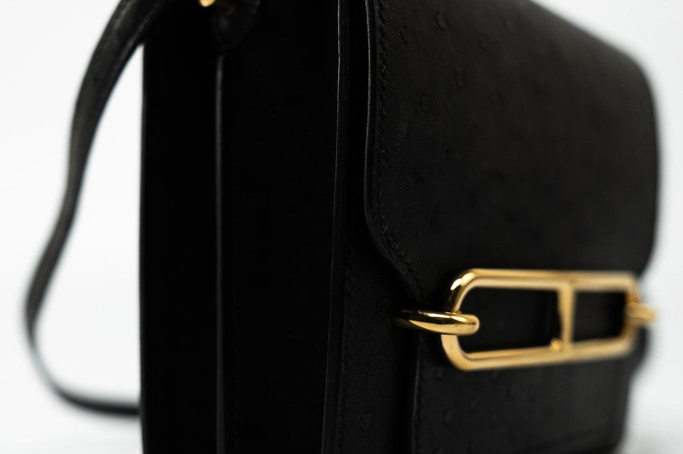 Hermes Handbag Hermès  Mini Roulis Black Ostrich Leather Gold Hardware - Redeluxe