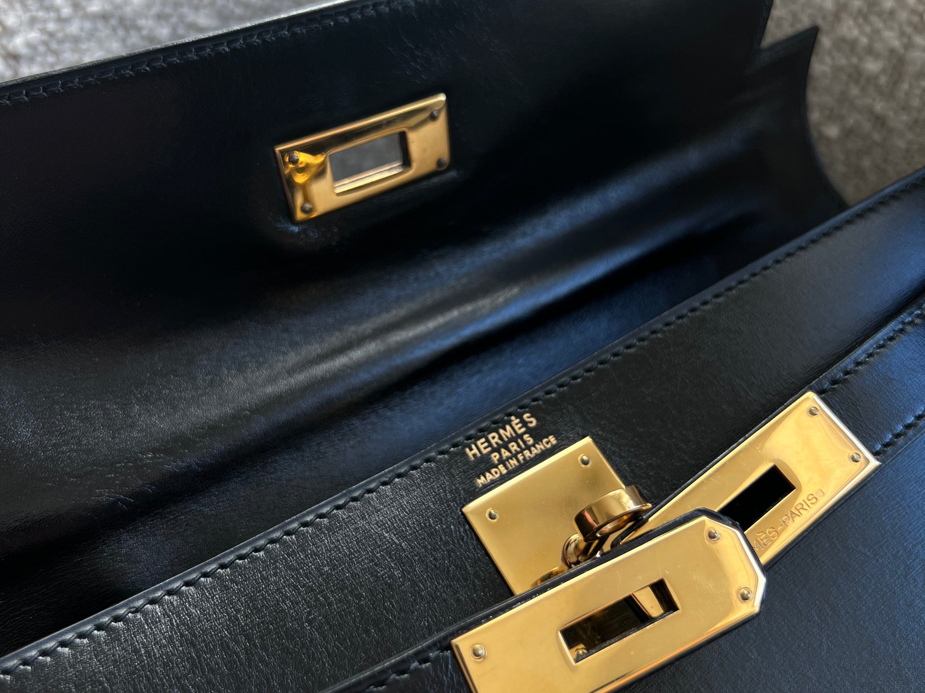 Hermes Handbag Hermes Vintage Kelly 28 Box Calfskin Black Gold Metal Fittings - Redeluxe